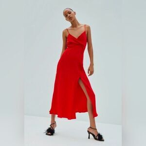 Zara Red Satin Slip Dress XS Midi Spaghetti Strap Maxi Long Slit Sexy Elegant